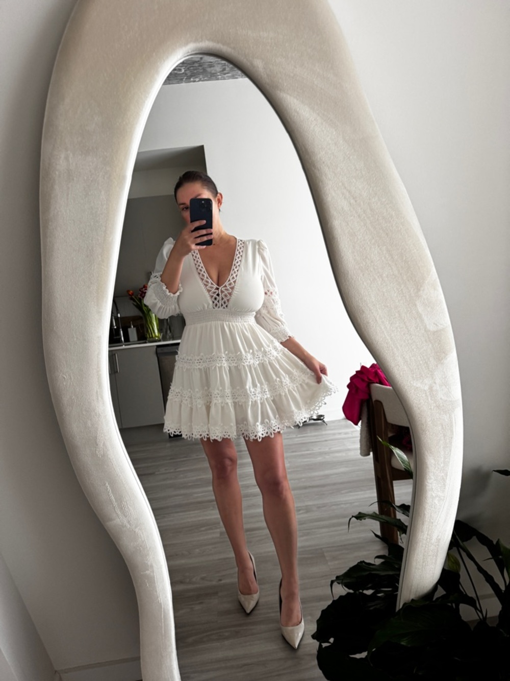 White Lace Tiered V‑Neck Mini Dress